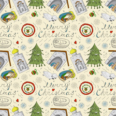 Orthodox Christmas color and contour illustration seamless pattern baby Doodle layout for wreath design Church barn lamb snowflakes Jesus background isolated