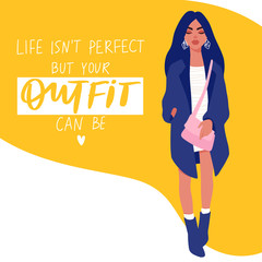 Woman fashion card in cartoon flat style. Stylish girl in trendy clothes