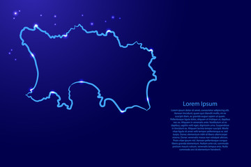 Jersey country map from the contour blue brush lines different thickness and glowing stars on dark background. Vector illustration.