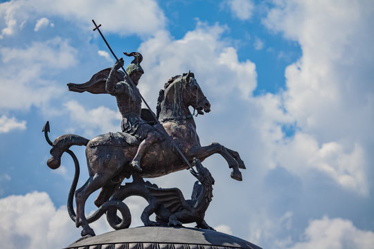 A knight statue on a horse kills a dragon moscow - russia . Monument to George the victorious