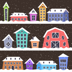 merry christmas happy new year holiday celebration concept cute colorful houses in winter season snowy town greeting card vector illustration