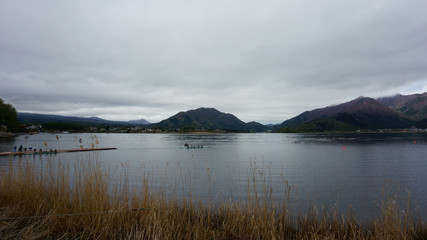 Kayaks at Lake Kawaguchiko, cloudy weather. Japan