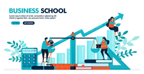 Vector illustration of people are calculating balance sheet on the scale. Bar chart diagram. Business, accounting and economic school. Design for landing page, web, banner, template, poster, ui ux