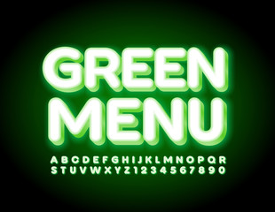 Vector electric sign Green Menu with illuminated Font. Neon Alphabet Letters and Numbers