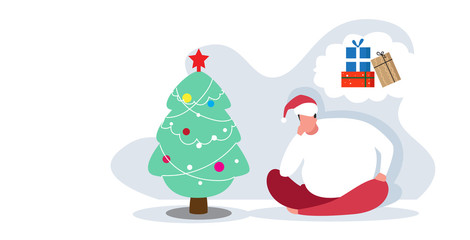 Man in Santa hat sitting near fir