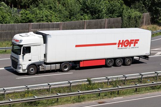 WIEHL, GERMANY - JUNE 24, 2019: Hoff DAF XF truck with temperature controlled trailer on motorway.