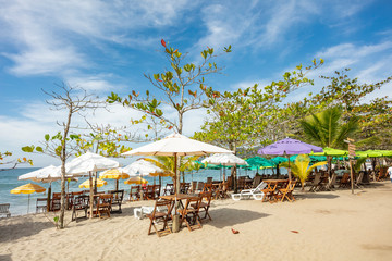 Tents in Castelhanos Beach is famous for the off road gang, the main access is a road adventure from Ilhabela State Park on the Island in Sao Paulo, paradise scenery in Brazil