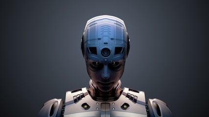 Portrait of an alien robot or extraterrestrial being with blue head and white armored suit. Front view isolated on color background. 3d render - obrazy, fototapety, plakaty