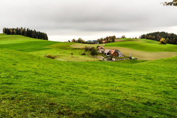 Rural landscape in Emmental valley in  Switzerland with grazing fields and a farm