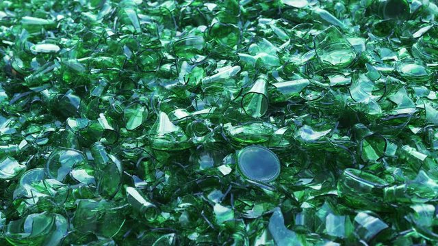 Many pieces of broken green bottles. The glass breakage. Recycling glass bottles.