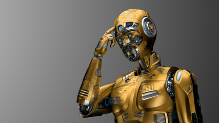 Robot touching his forehead or very detailed humanoid cyborg invites people to use their brain more efficiently. Upper body isolated on gray background. 3d render
