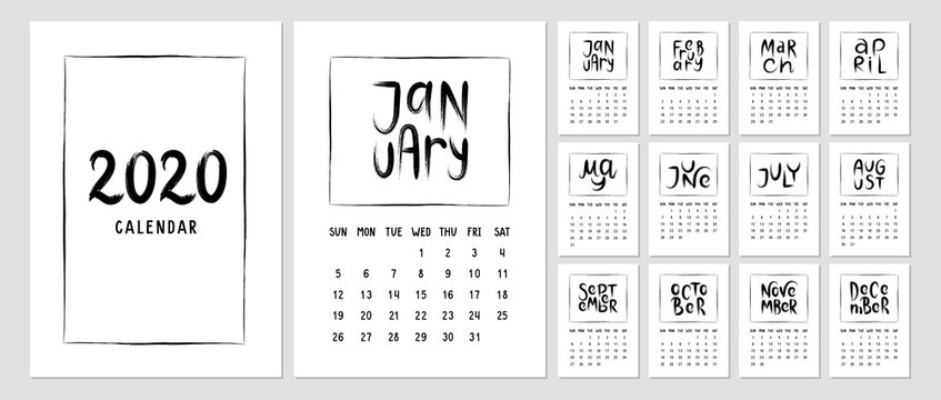 Calendar 2020 template with handwritten names of months.