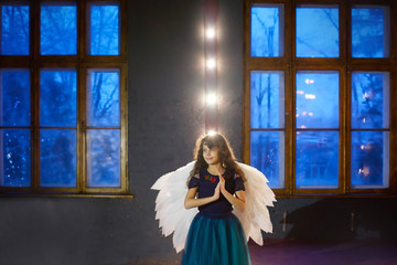 Obraz premium Girl in a blue dress with white wings