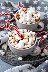 Christmas mugs  with hot chocolate and marshmallows. Holiday concept