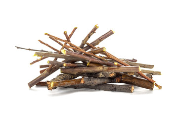 Pile of dry branches isolated on white background.