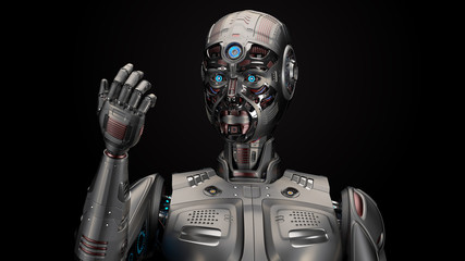 Very detailed humanoid cyborg or futuristic robot man looking at his hand. Upper body isolated on black background. 3d rendering