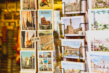 Fototapeta na wymiar Postcards from Italy put up for sale