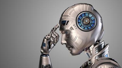 Robot touching his forehead or very detailed humanoid cyborg invites people to use their brain more efficiently. Side view isolated on gray background. 3d render