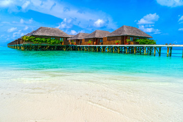 Wooden bridges leading to the huts on the shores of the tropical
