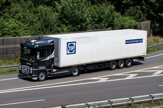 WIEHL, GERMANY - JUNE 24, 2019: Mürkens Renault Magnum truck with TIP box trailer on motorway.