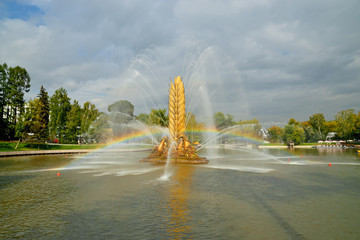 Moscow, Russia - august 12, 2019: Fountain Golden spike at VDNKh in Moscow