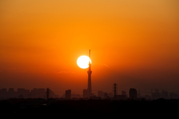 Fototapeta premium Sun setting behind Tokyo Skytree and Mount Fuji in autumn, from Chiba Prefecture, Japan