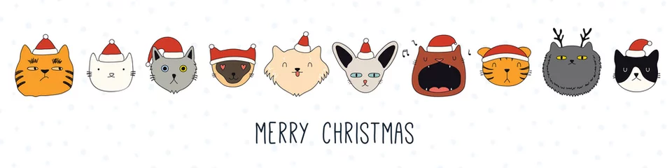 Foto op Plexiglas Hand getekende kaart, banner met verschillende schattige katten gezichten in Santa Claus hoeden, tekst Merry Christmas. Vector illustratie. Lijntekening. Geïsoleerde objecten. Ontwerpconcept voor vakantiedruk, uitnodigen. © Maria Skrigan