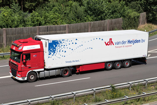 WIEHL, GERMANY - JUNE 25, 2019: Van der Heijden DAF XF truck with temperature controlled trailer on motorway.