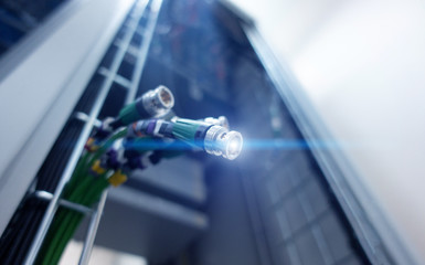 Coxial Cable on Server Room Background. 