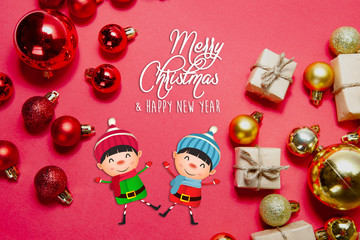 Merry Christmas and happy holidays xmas gifts. Baubles, presents, candy with christmas ornaments. Top view. Christmas family traditions on red background
