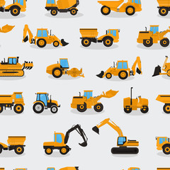 Fototapeta premium Seamless vector pattern with work machines and equipment on a light background.