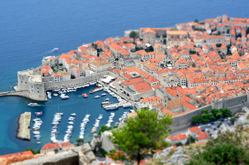 Aerial (Panoramic) view of Old Town (Old Port) Imperial Fortress Dubrovnik (Croatia) with Miniature (Tilt Shift) Effect
