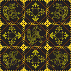 Vintage dragon symbols and patterns on a dark background in squares from chains