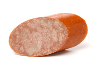 cooked boiled ham sausage on white background