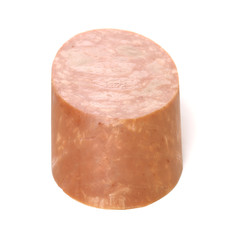 cooked boiled ham sausage on white background