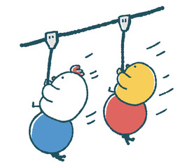 ゆるいにわとりとひよこはターザンロープで遊ぶ © TAMAGO POTATO