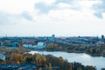 Fototapeta na wymiar Aerial view of Helsinki Center at autumn cloudy evening.
