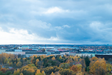 Aerial view of Helsinki Center at autumn cloudy evening.