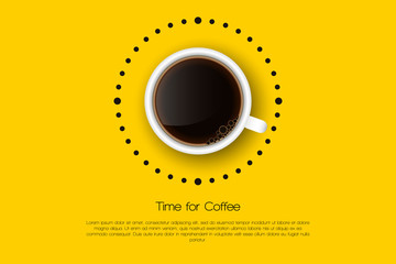 Good morning. Flat Design Cup of coffee, Vector isolated illustration on yellow backgroun with alarm