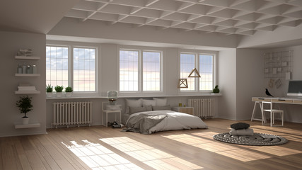 Hygge nordic scandinavian bedroom with big panoramic windows, double bed with duvet and pillows, parquet, carpet, home workplace with computer, bedside tables, interior design idea