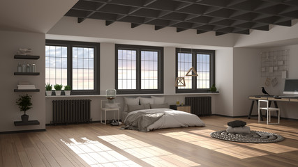 Fototapeta na wymiar Hygge nordic scandinavian bedroom with big panoramic windows, double bed with duvet and pillows, parquet, carpet, home workplace with computer, bedside tables, interior design idea