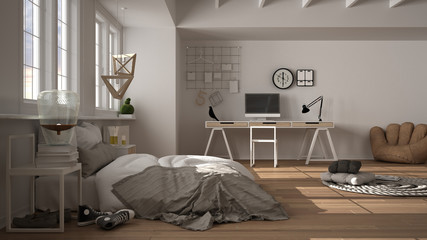 Hygge nordic scandinavian bedroom with big panoramic windows, double bed with duvet and pillows, parquet, carpet, home workplace with computer, bedside tables, interior design idea
