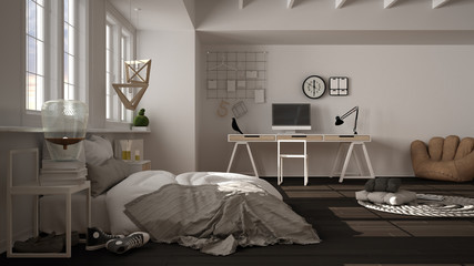 Hygge nordic scandinavian bedroom with big panoramic windows, double bed with duvet and pillows, parquet, carpet, home workplace with computer, bedside tables, interior design idea