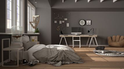 Hygge nordic scandinavian bedroom with big panoramic windows, double bed with duvet and pillows, parquet, carpet, home workplace with computer, bedside tables, interior design idea