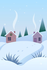 Vector illustration. Winter landscape with houses, trees, and snow.Frost morning. Holidays postcard for Christmas and new year greetings