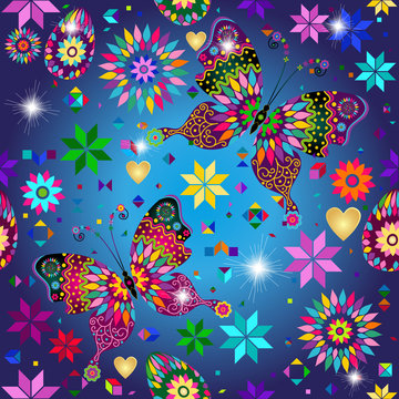 estive bright Easter pattern with butterflies, flowers and decorated eggs