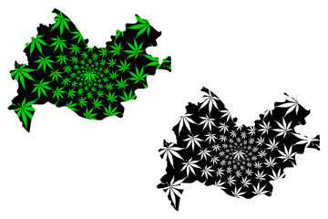 Kermanshah Province (Provinces of Iran, Islamic Republic of Iran, Persia) map is designed cannabis leaf green and black, Kermanshah map made of marijuana (marihuana,THC) foliage....
