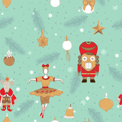Christmas patterns in winter style with nutcracker, princess, Mouse King, snowflakes, tree.