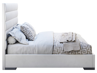 Modern white leather frame double bed with ornate bed linen and plaid. 3d render