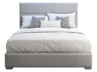 Modern gray leather frame double bed with bed linen. 3d render